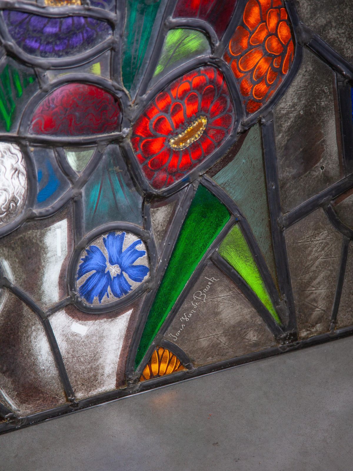 Decorative Flower Stained Glass Window By The Dutch Artist Joop Van Den Broek photo for sale