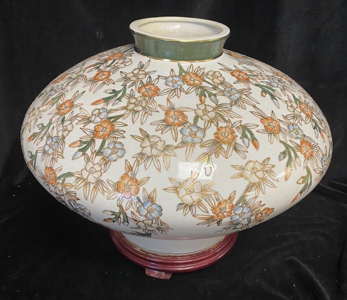 X Large Satsuma Vase On Stand Green Orange White & Gold Trim