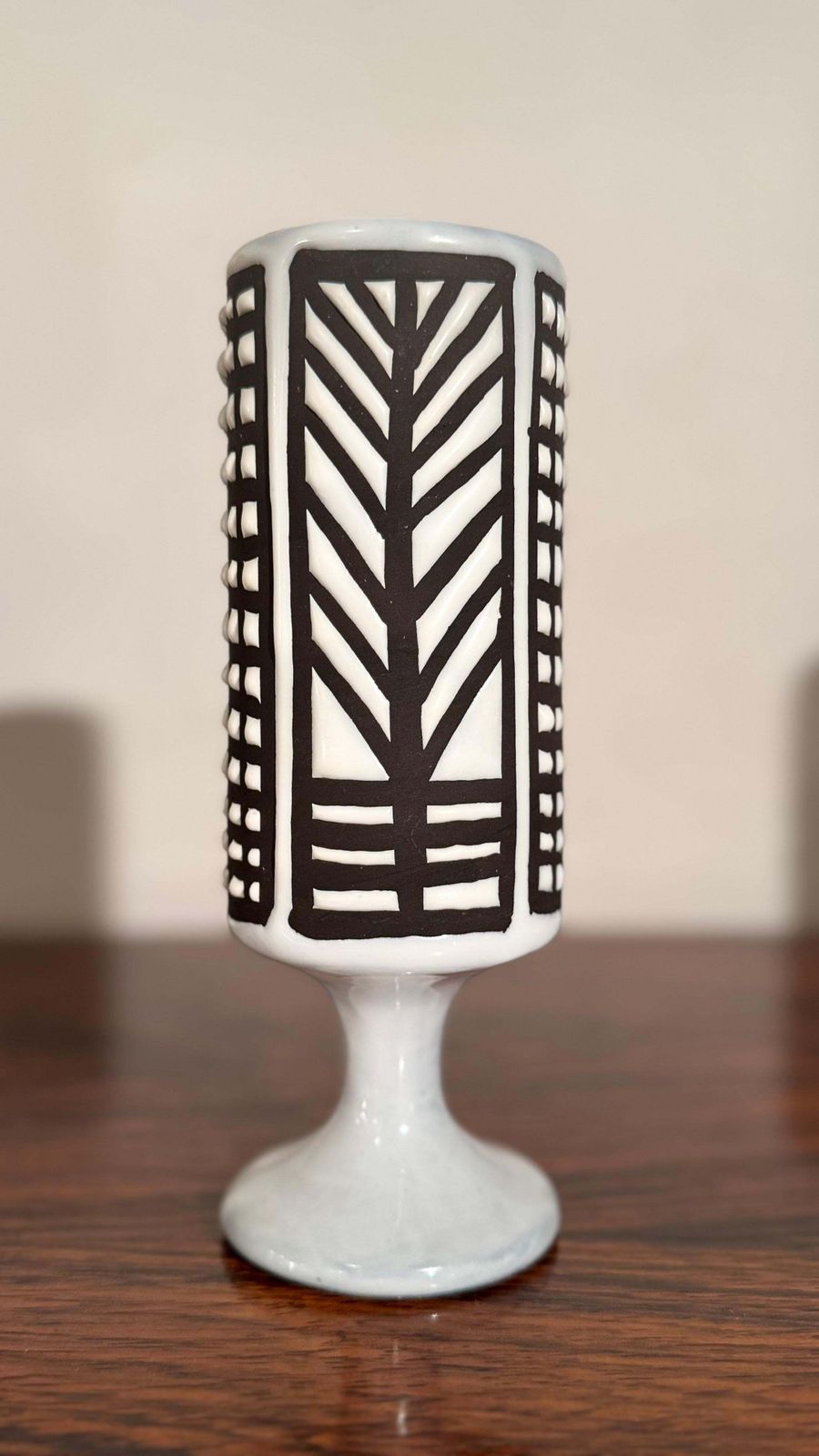 Ceramic Small Vase Black And White Graphic Geometric Design By Capron, Vallauris photo buy
