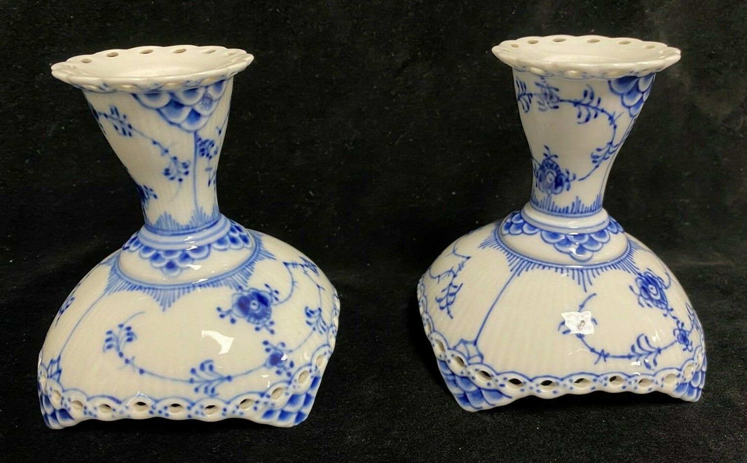Royal Copenhagen Porcelain Blue Lace Pair Candlesticks Full Blue Lace photo Home Decor