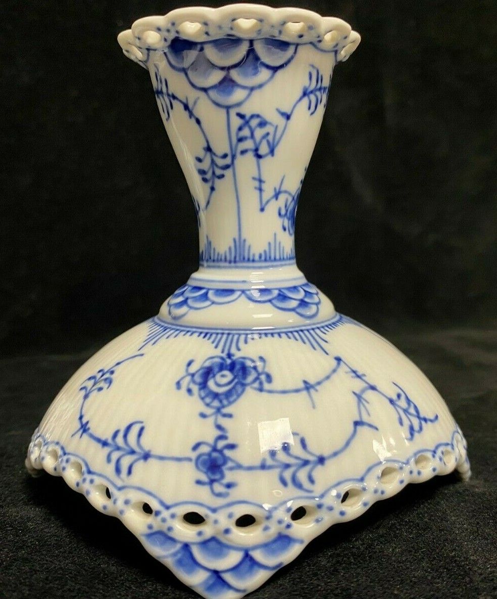 photo for sale Royal Copenhagen Porcelain Blue Lace Pair Candlesticks Full Blue Lace