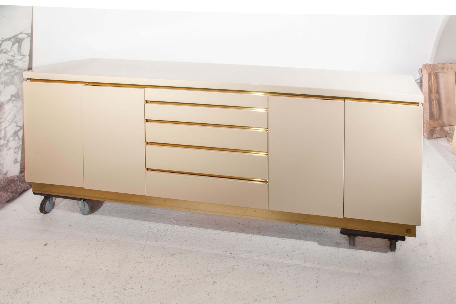 photo for sale White Lacquer And Brass Sideboard By Jean Claude Mahey, 1980s