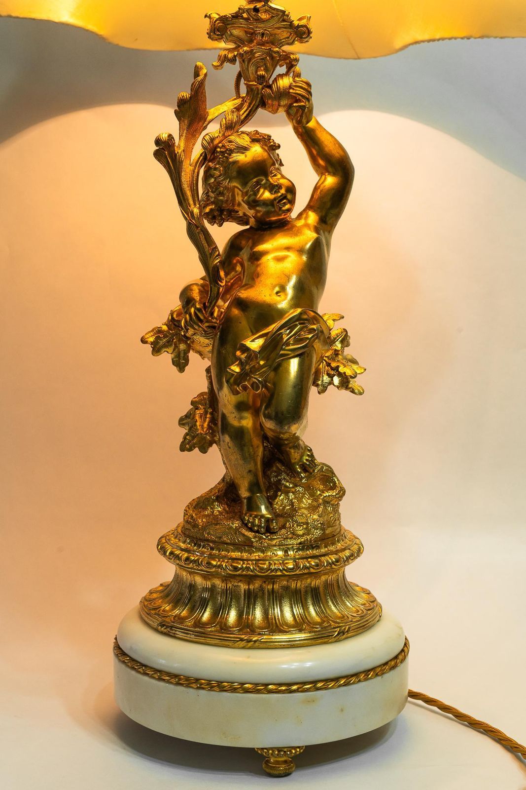Lighting Big Historistic Fire Gilted Bronze Table Lamp With Fabric Shade France 1890s photo