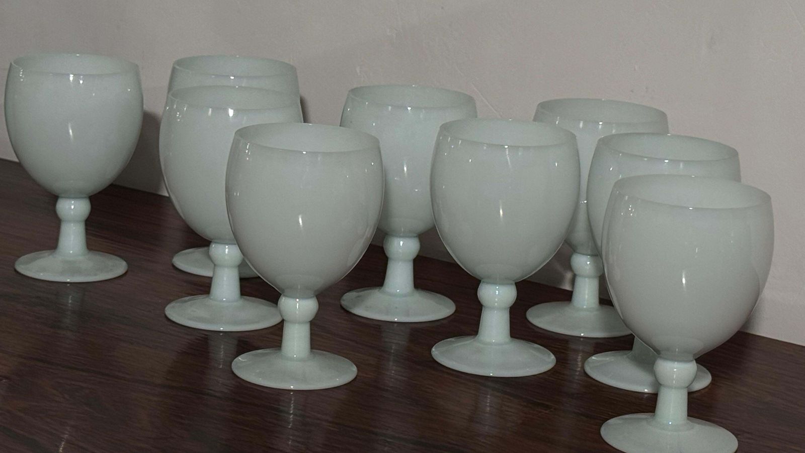 Antique Set Of Nine Opal Wine Glasses Hand Crafted In France, Portieux Vallerys photo Home Decor