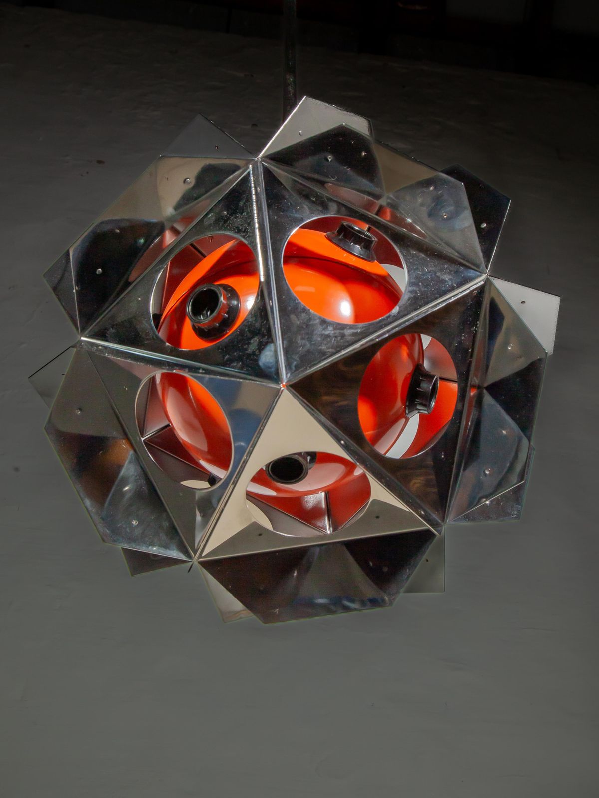 Space Age Bruno Munari Style Set Of Two Orange Geometric Chandeliers photo vintage