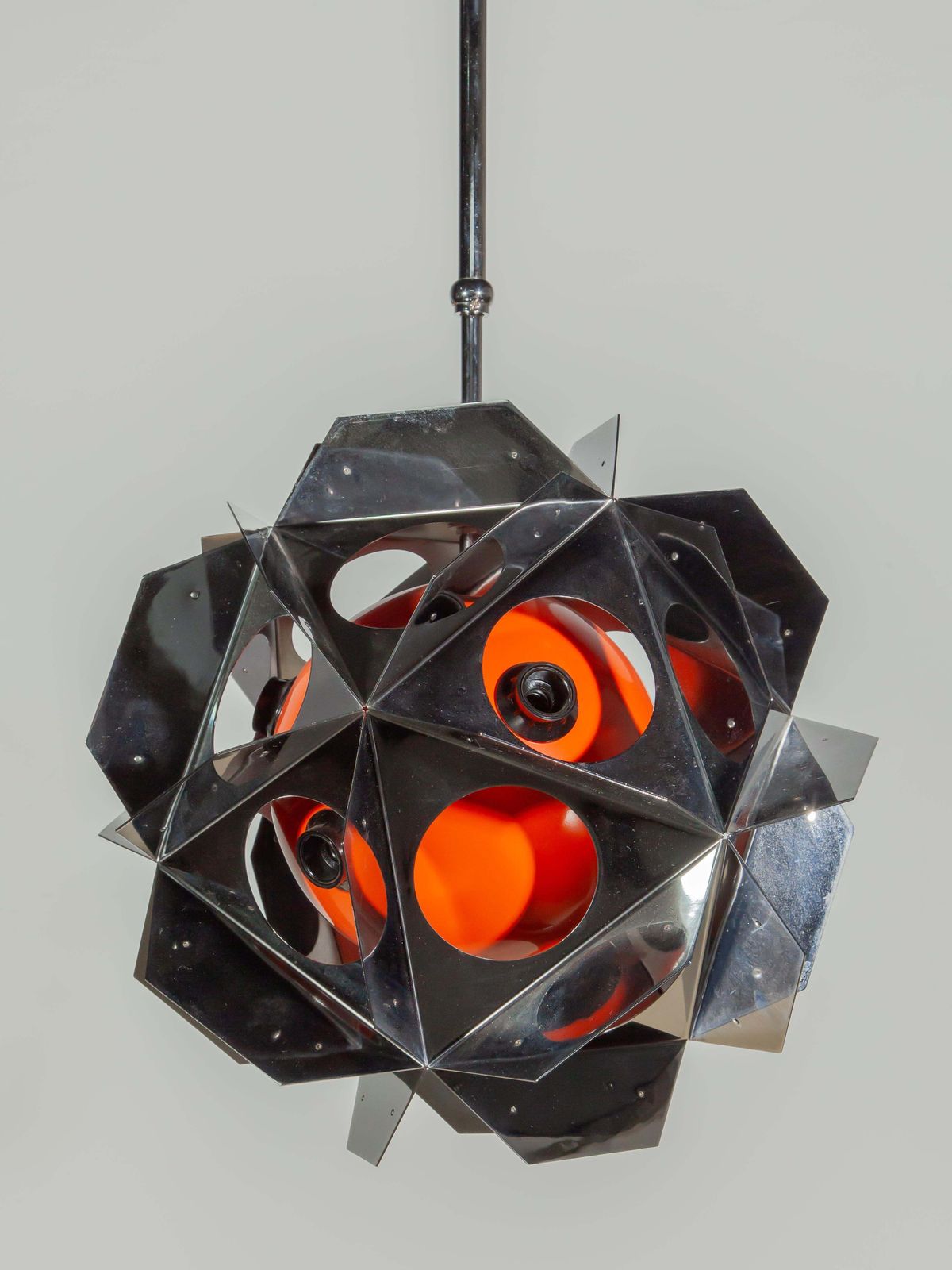 Lighting Space Age Bruno Munari Style Set Of Two Orange Geometric Chandeliers photo