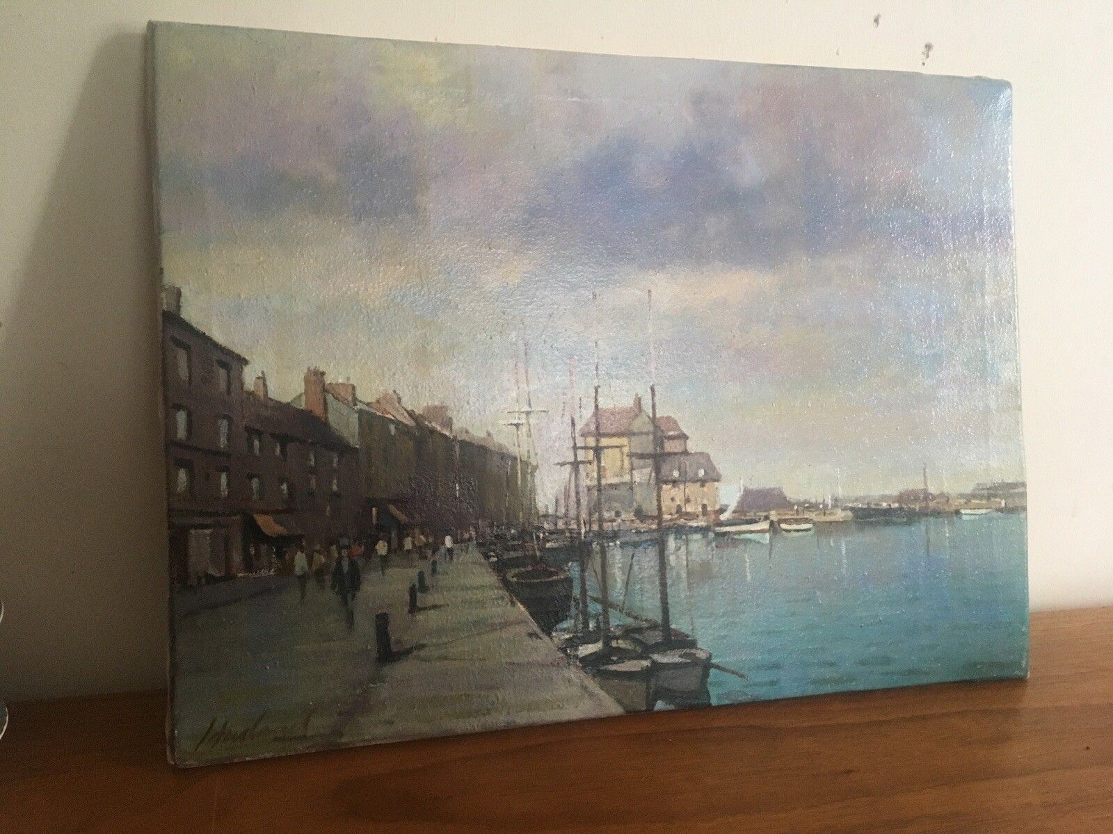 Vintage/Antique Oil Painting Quay At Honfleur Normandy French Impressionist