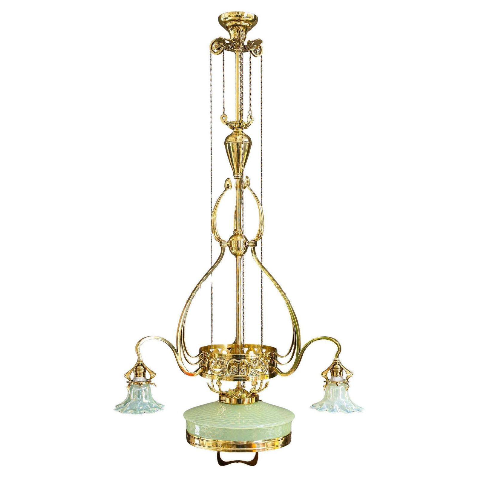 Adjustable Floral Jugendstil Chandelier With Opaline Glass Shades Around 1910