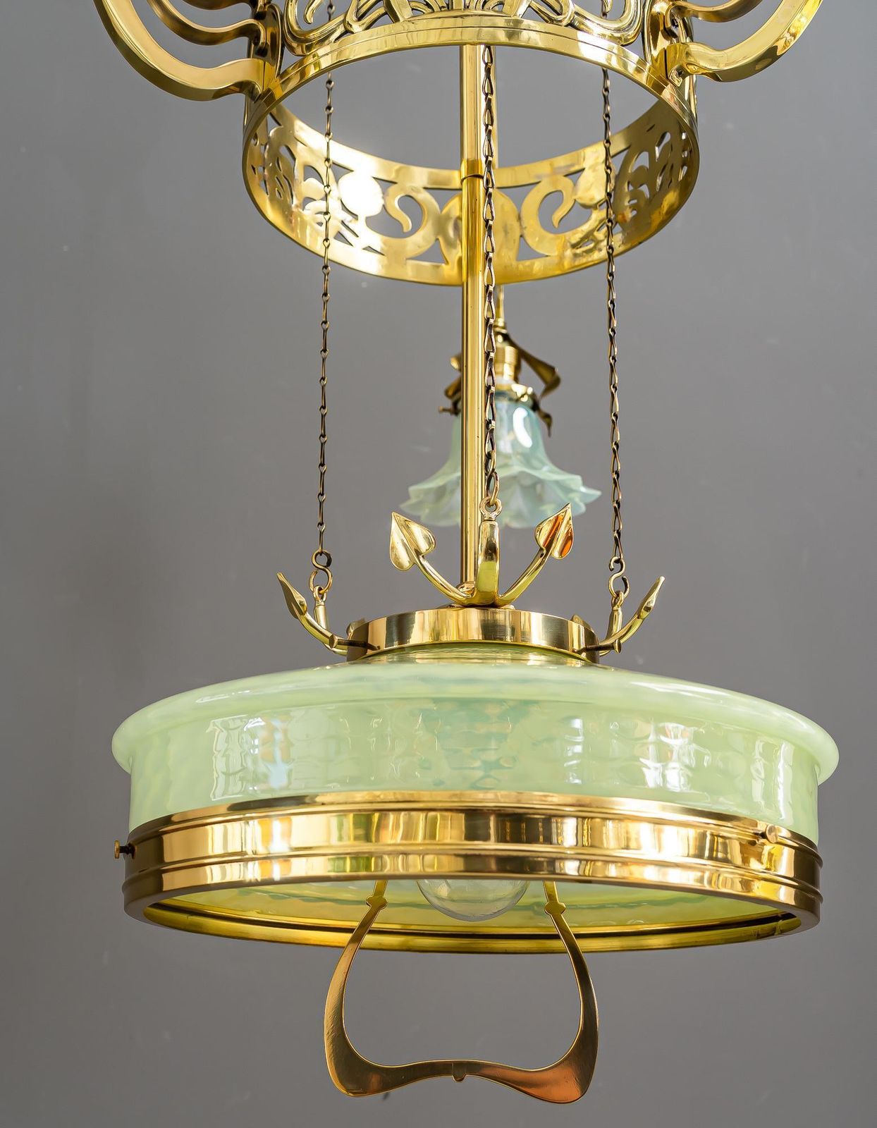 photo for sale Adjustable Floral Jugendstil Chandelier With Opaline Glass Shades Around 1910