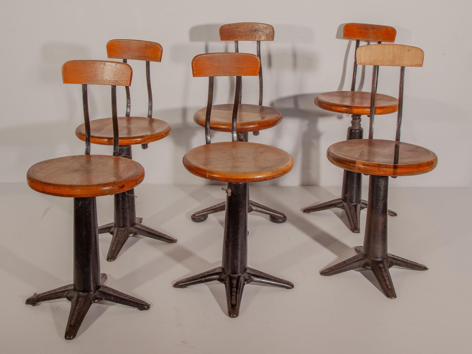 photo for sale Antique Set Of Six Industrial Singer Sewing Adjustable Chairs, Stools, 1920s
