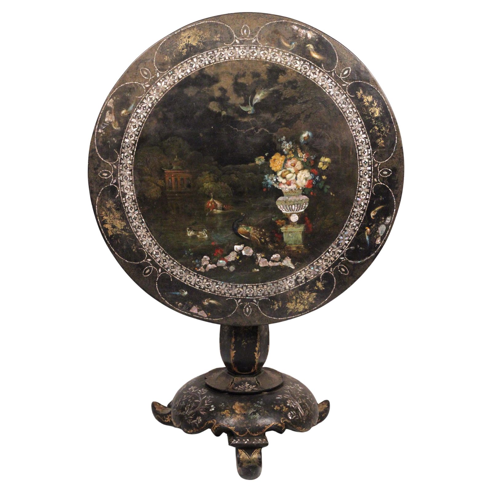 Victorian Japanned Papier Mâché Tilt Table With Nacre Inlay, C.1850 Hand Painted