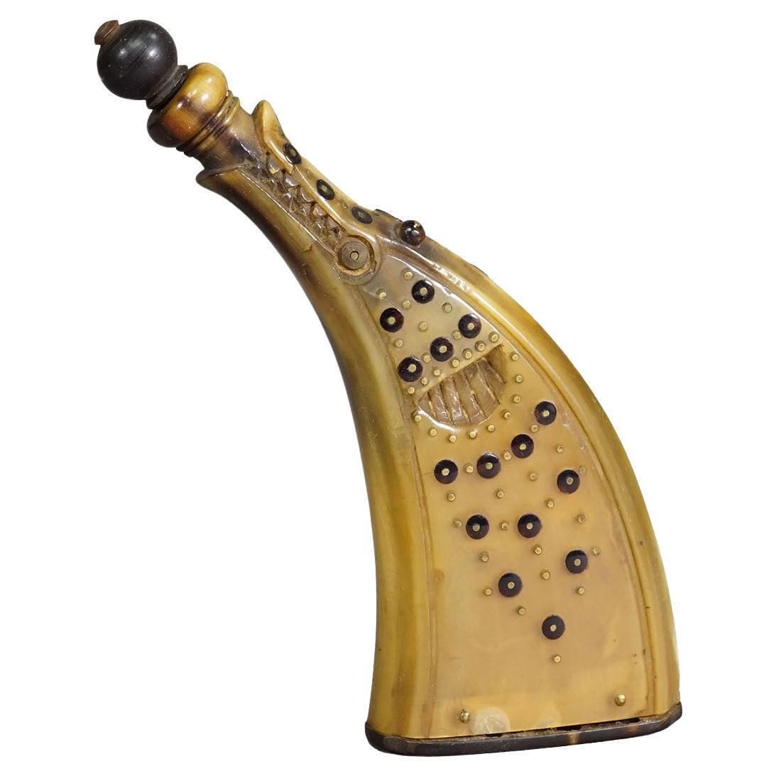 Antique Powder Flask Made Of Horn With Decorations, Germany 19th Century