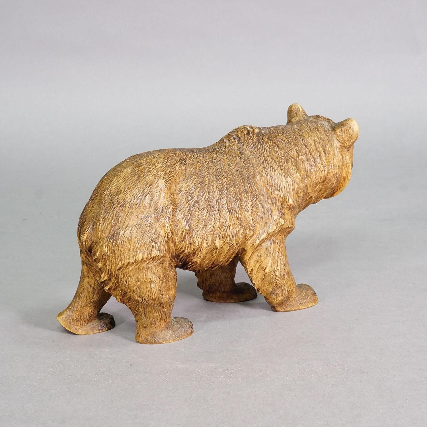 Large Vintage Wooden Strolling Bear Handcarved Ca. 1930s, Brienz photo Art