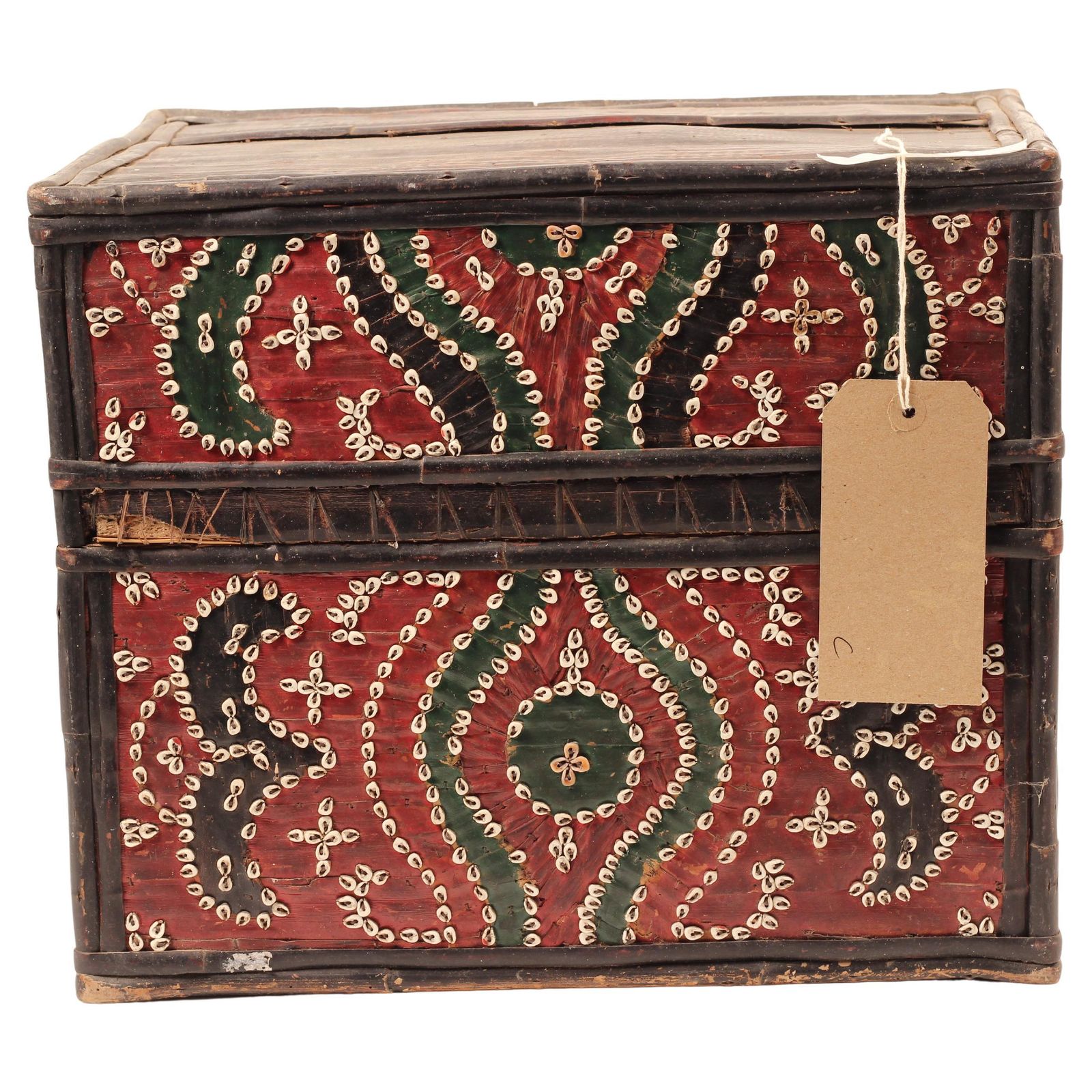photo vinterior Folk Art Dowry Box, Lombok Indonesia, Cowrie, Painted Palm & Bamboo 1950’s Sasak