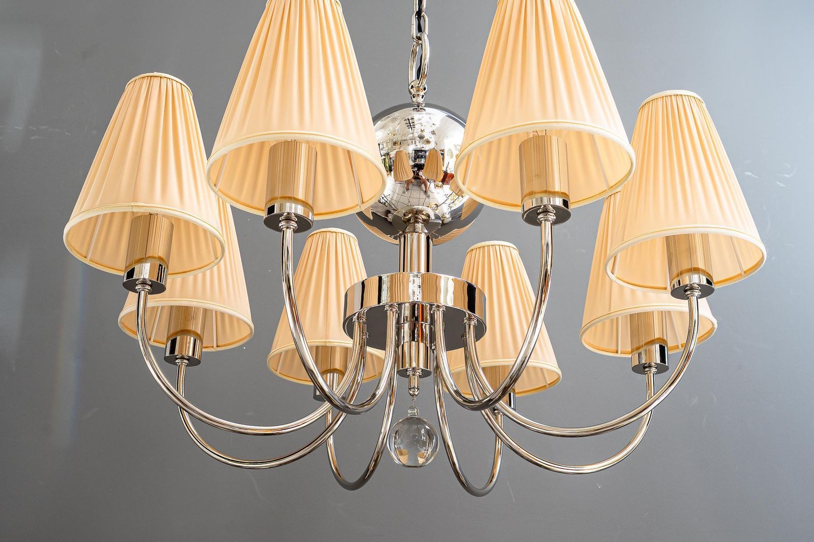 photo for sale Art Deco Nickel Plated Chandelier With Fabric Shades Vienna Around 1920s