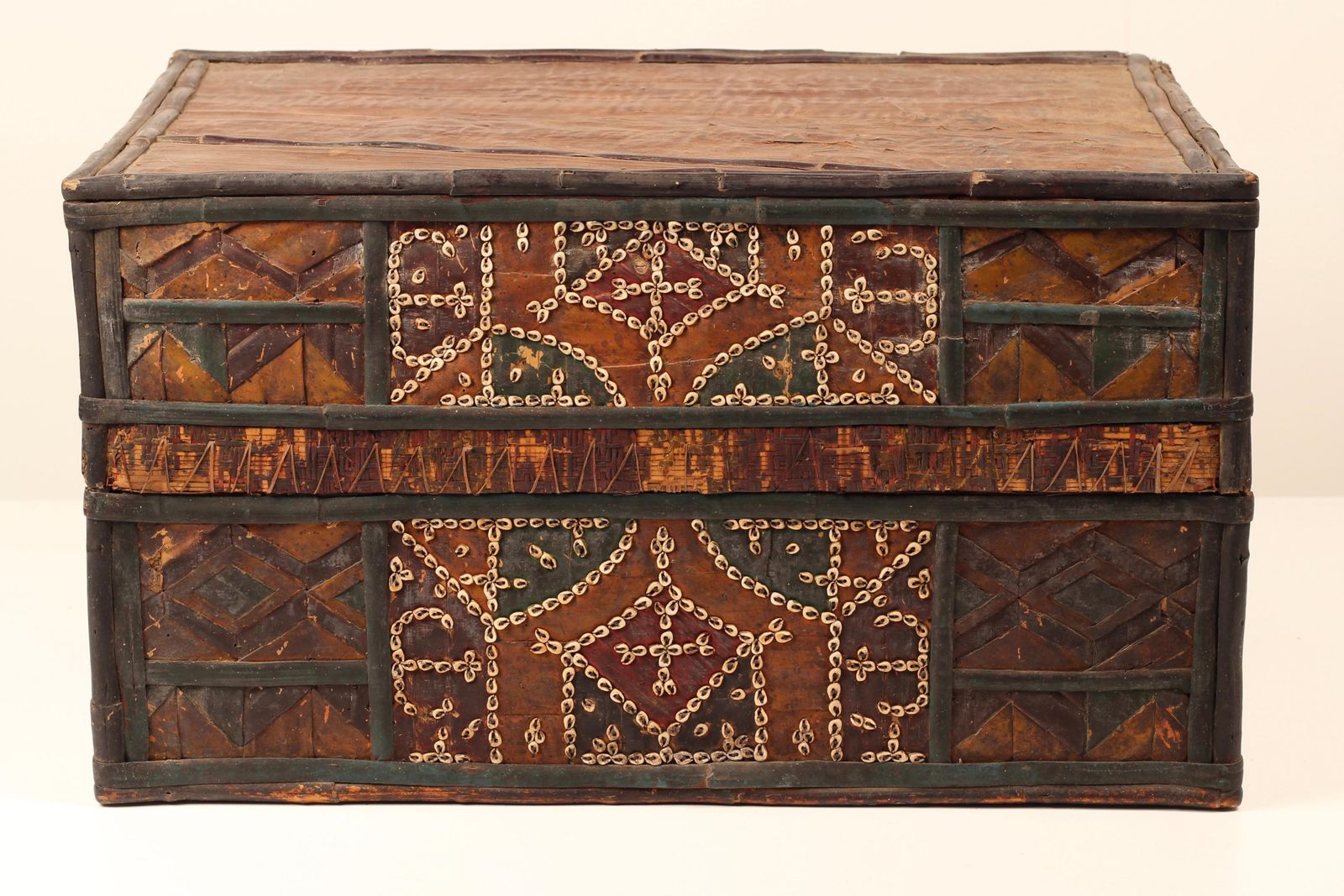 Folk Art Dowry Box, Lombok Indonesia, Cowrie, Painted Palm & Bamboo 1950’s Sasak photo furniture