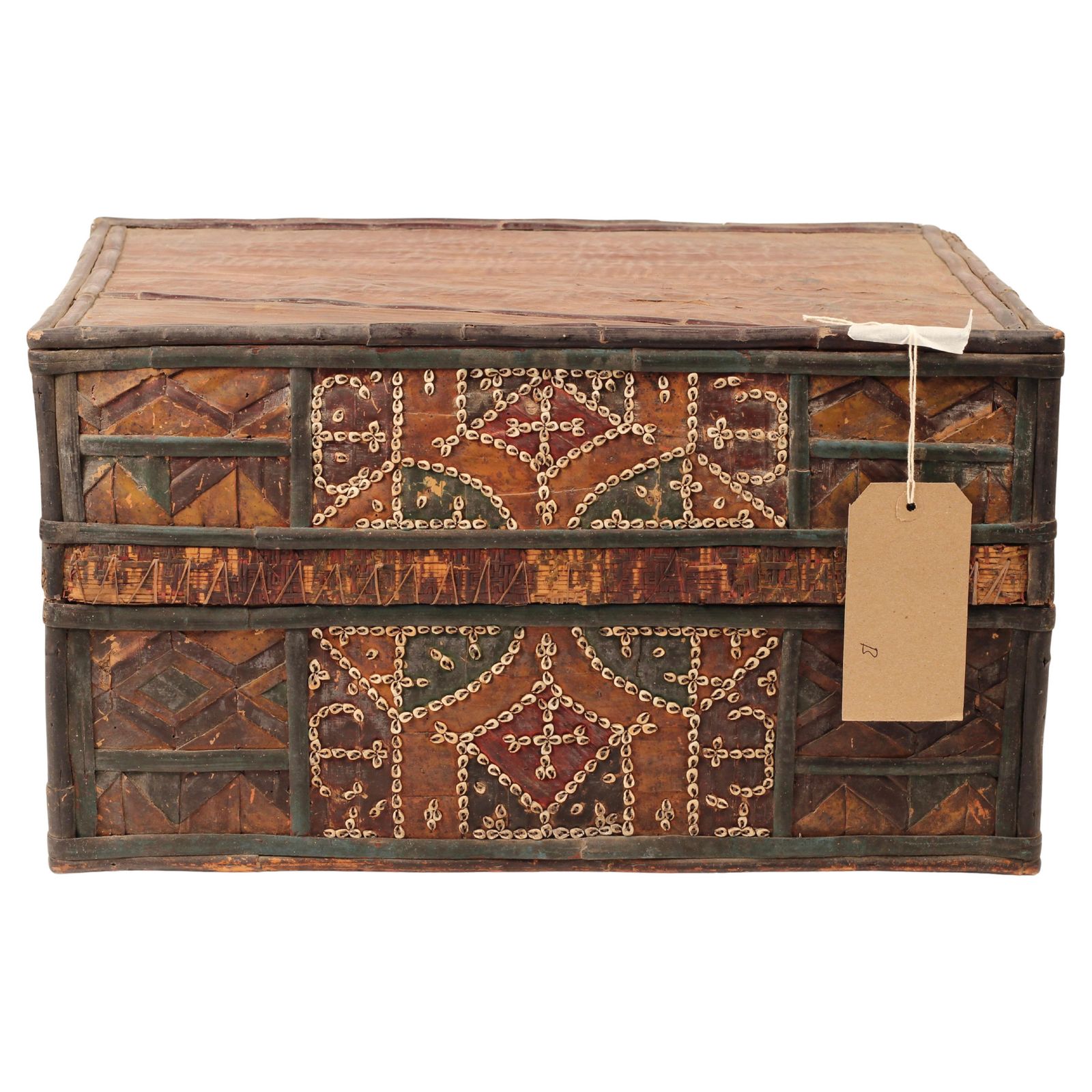 photo vinterior Folk Art Dowry Box, Lombok Indonesia, Cowrie, Painted Palm & Bamboo 1950’s Sasak