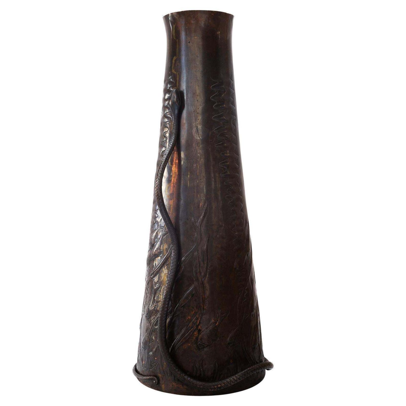 Big Jugendstil Copper Chased And Hand Hammered Vase Vienna Around 1908