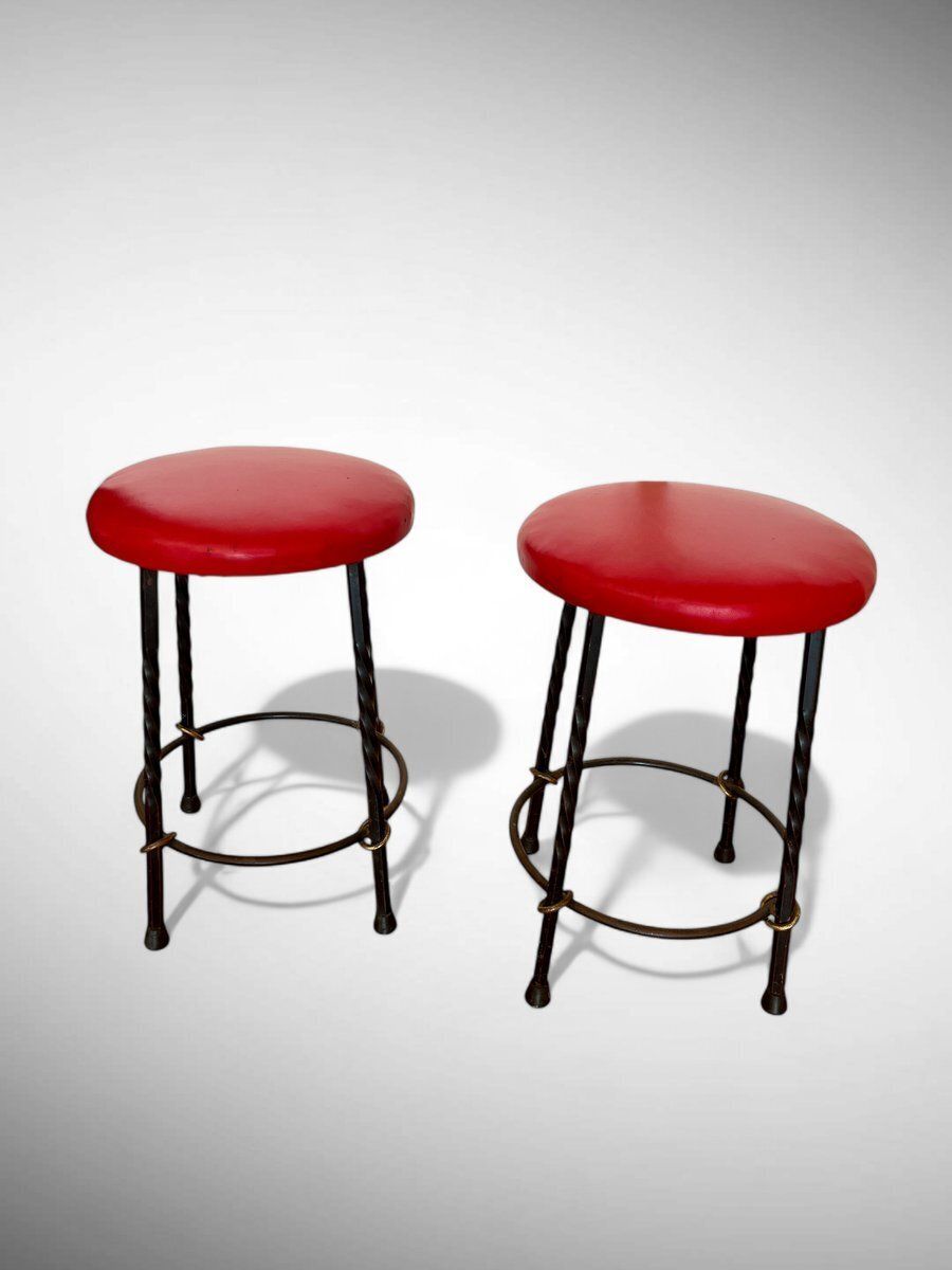 Set Of Vintage Stools, Wrought Iron And Vinyl, 1970s