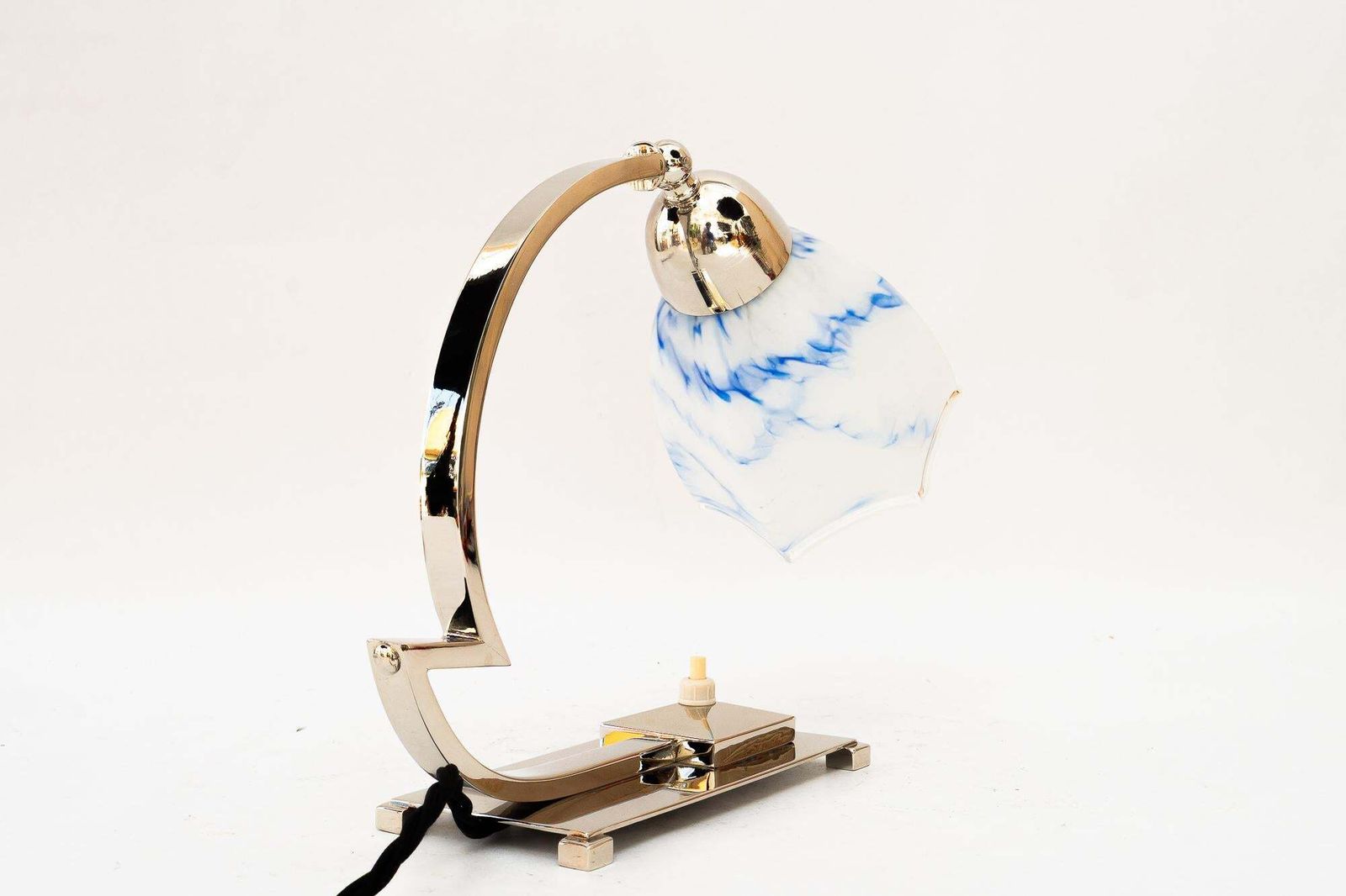 photo for sale Swiveling Nickel Art Deco Table Lamp With Original Glass Shade Around 1920s