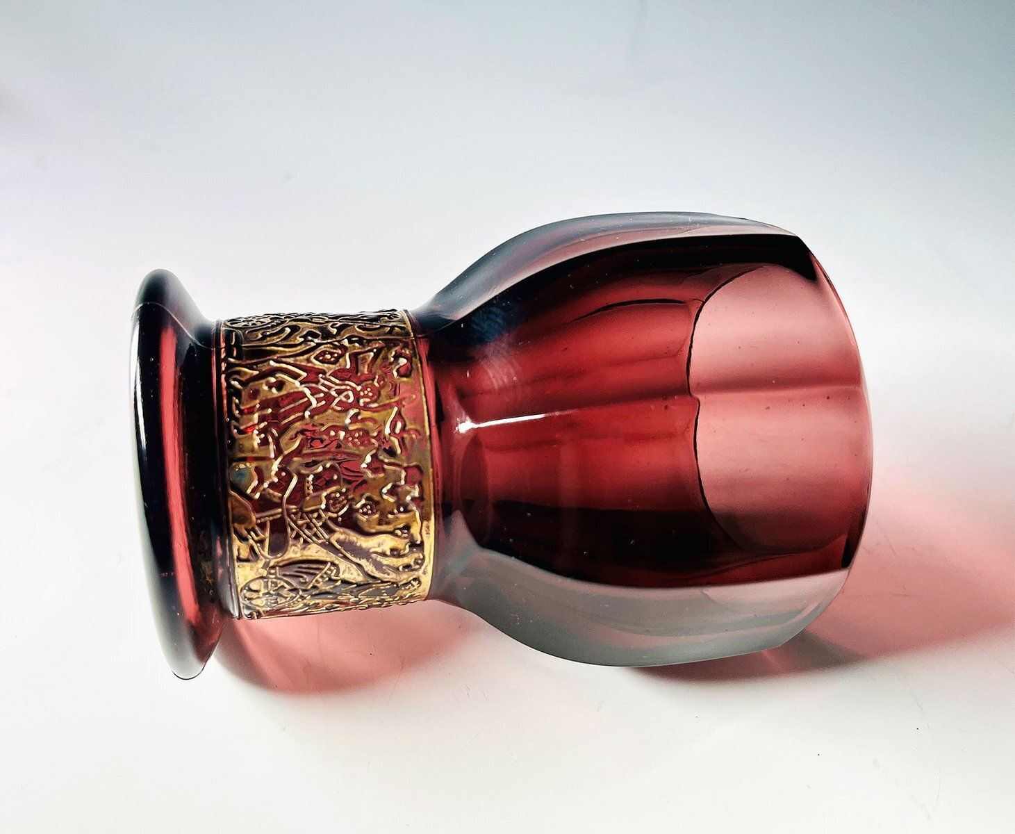 German Walther Amethyst Glass Vase With Embossed Gold Band, 1930s photo Home Decor