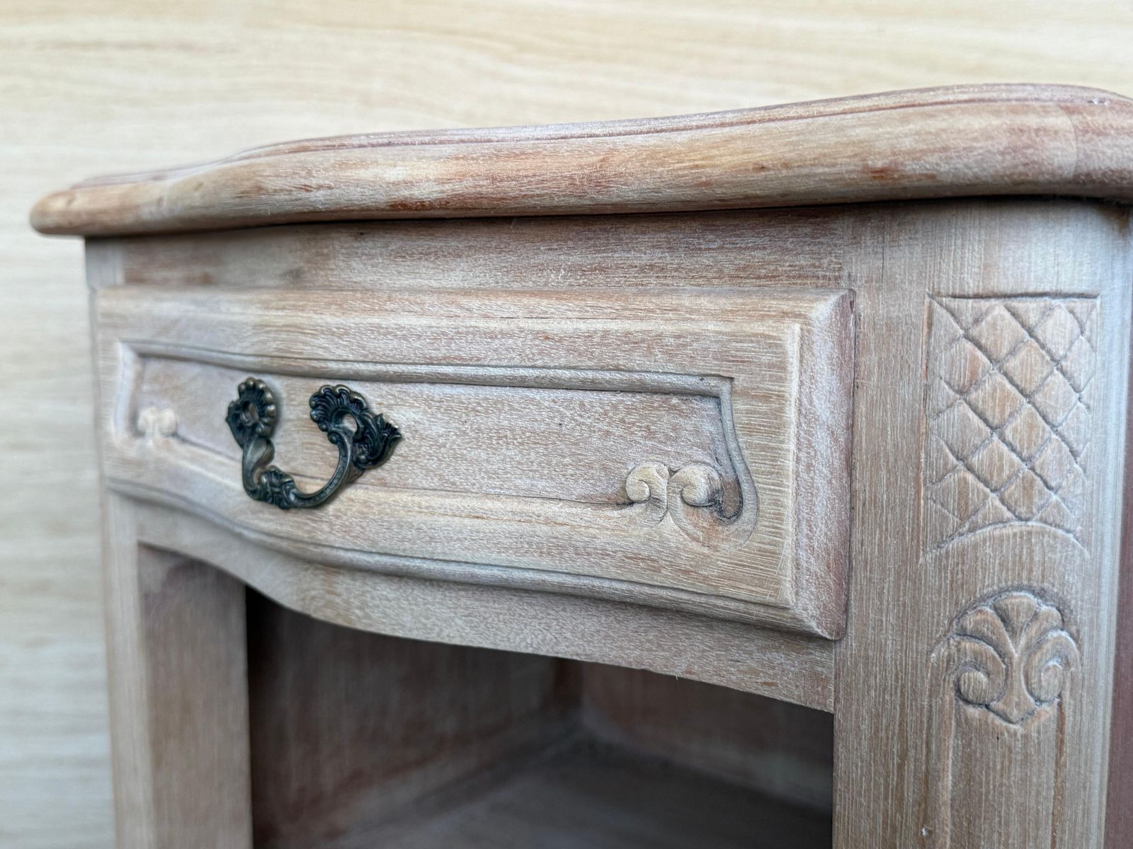 Pair Of French Bleached Carved Walnut Nightstands With Two Drawers photo vintage