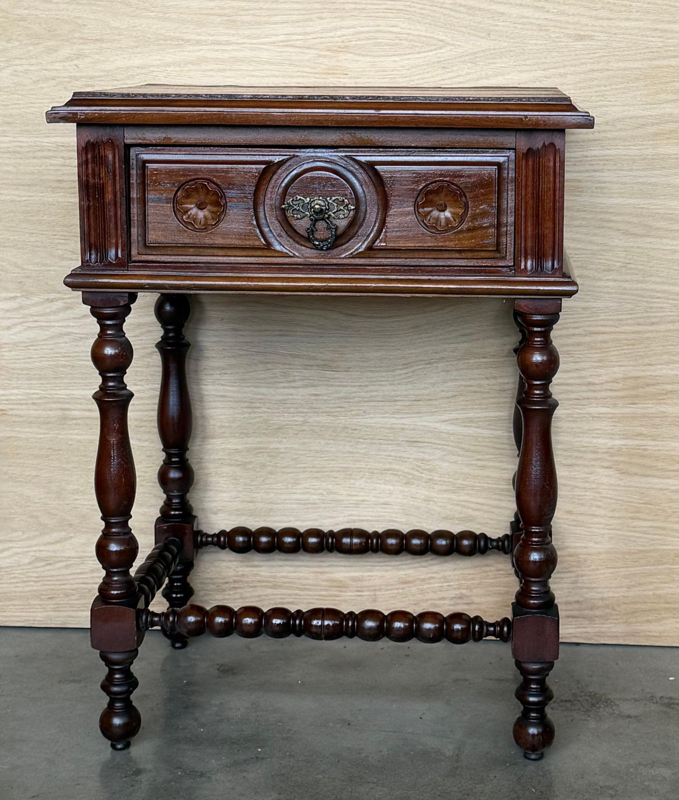 Pair Of Light Walnut Carved Spanish Nightstands With Turned Legs And Drawer photo for sale
