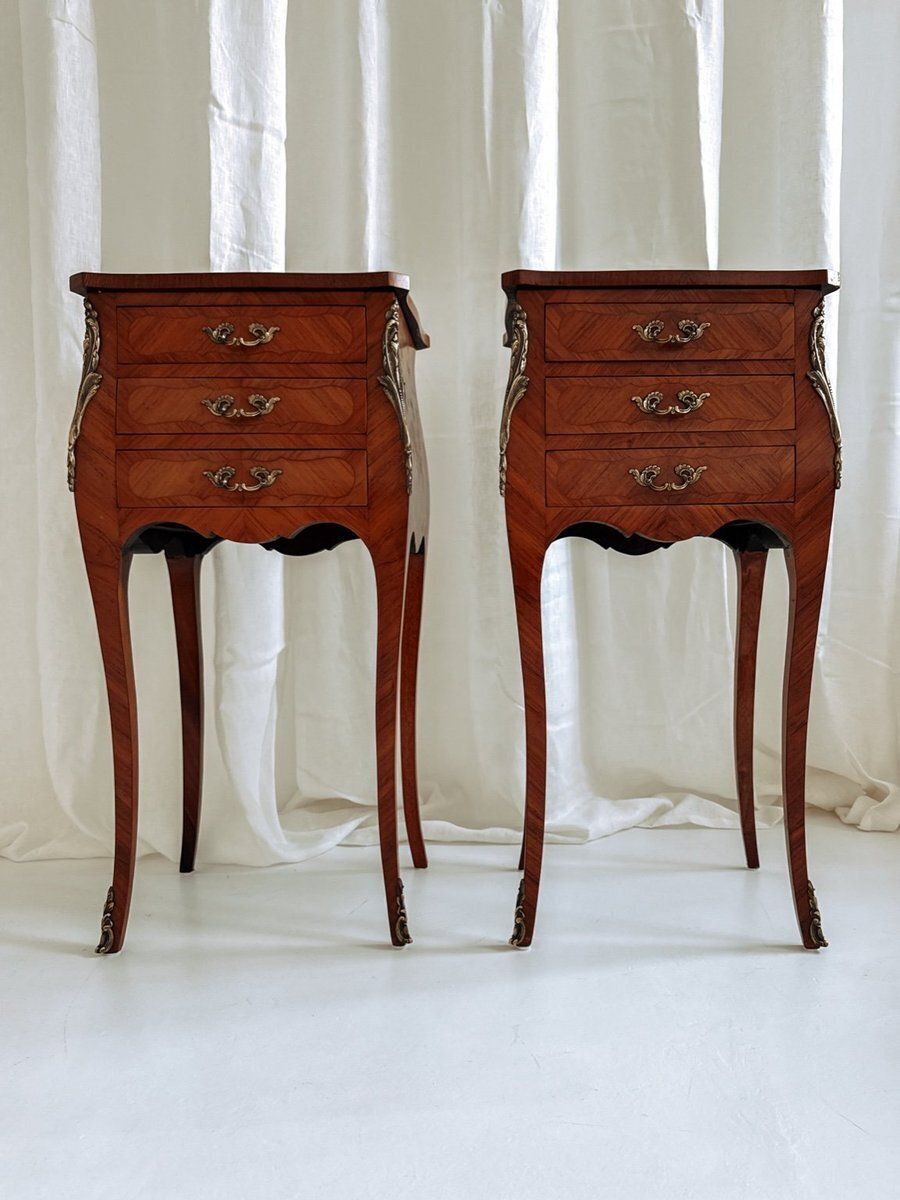 Louis XV French Bedside Tables With Floral Marquetry, 1940s, Set Of 2 photo vinterior