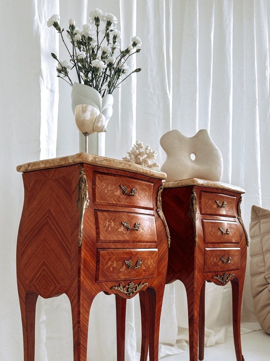 Mid Century French Louis XV Style Bedside Tables With Marble Tops And Floral Marquetry, 1940s, Set Of 2 photo buy