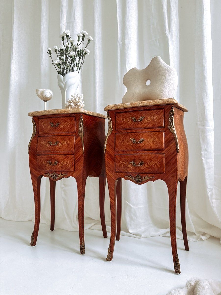 Furniture Mid Century French Louis XV Style Bedside Tables With Marble Tops And Floral Marquetry, 1940s, Set Of 2 photo