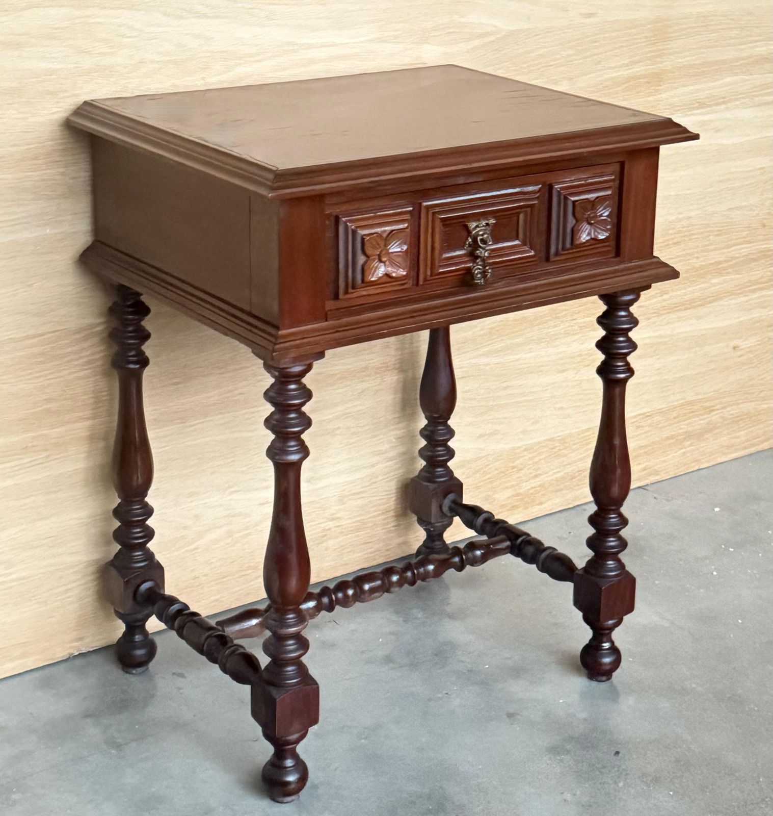 20th Pair Of Spanish Walnut Carved Nightstands With Drawer photo Furniture