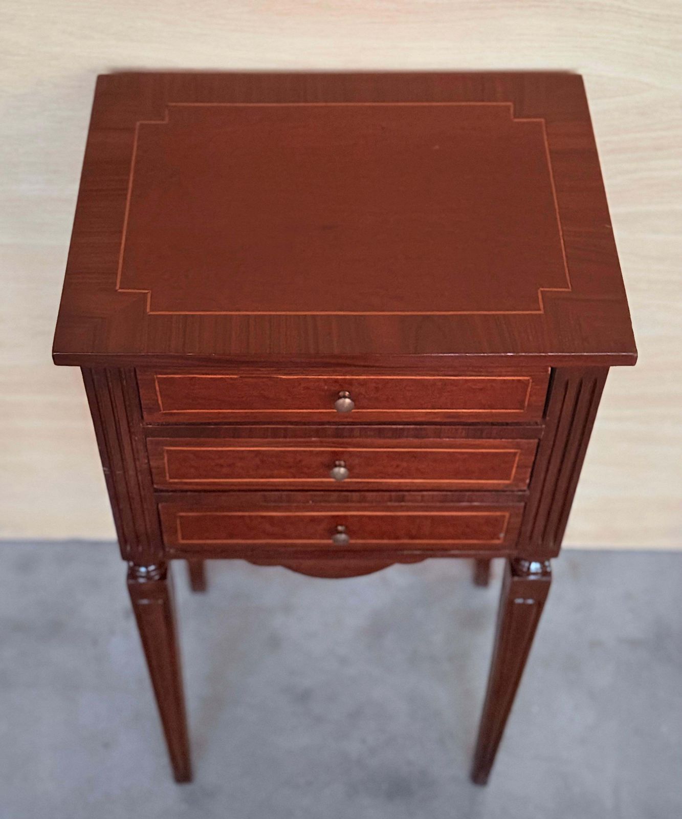 Pair Of French Marquetry Nightstands With Three Drawers And Bronze Hardware photo vintage