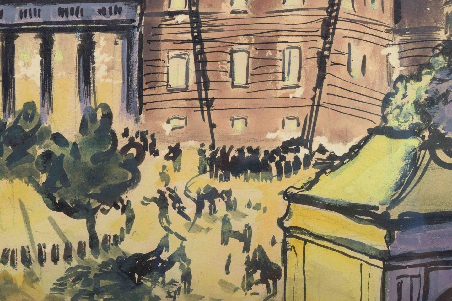 Anton Hansen. Watercolor. Christiansborg Palace During The Great Fire. 1920s/30s photo Art