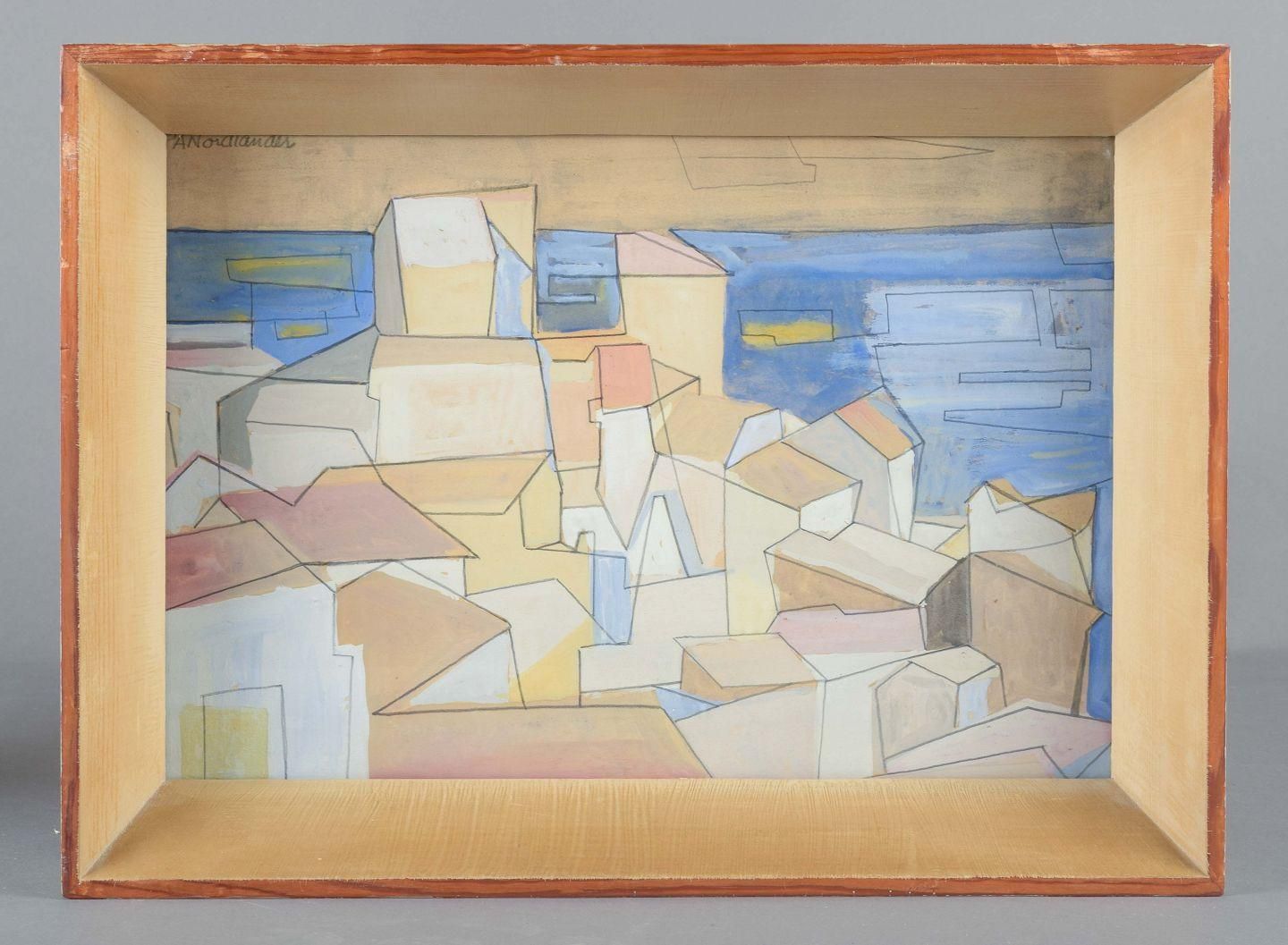 Pär Nordlander. Abstract Cityscape By The Sea. Mixed Media On Paper. photo furniture
