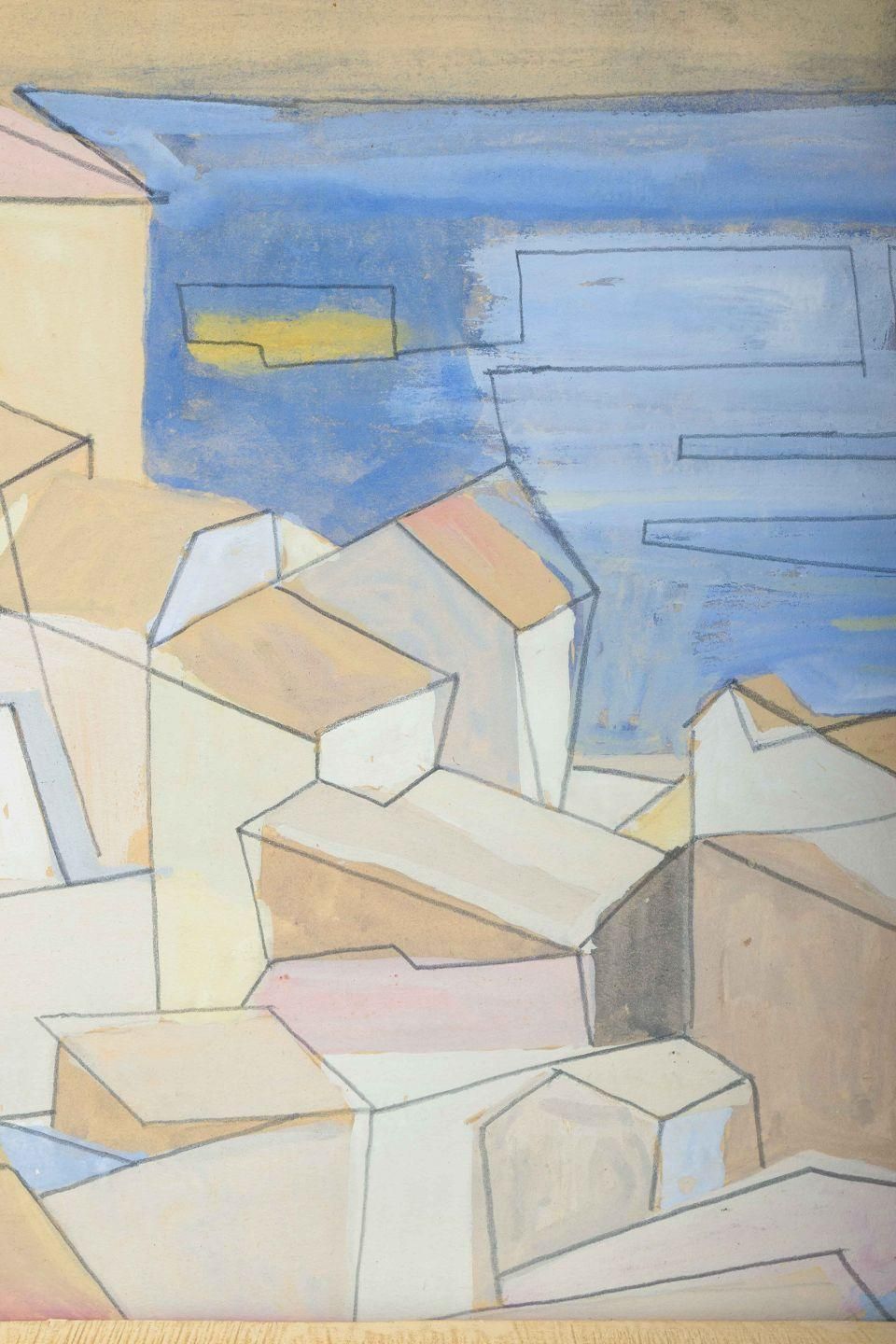 Pär Nordlander. Abstract Cityscape By The Sea. Mixed Media On Paper. photo Art