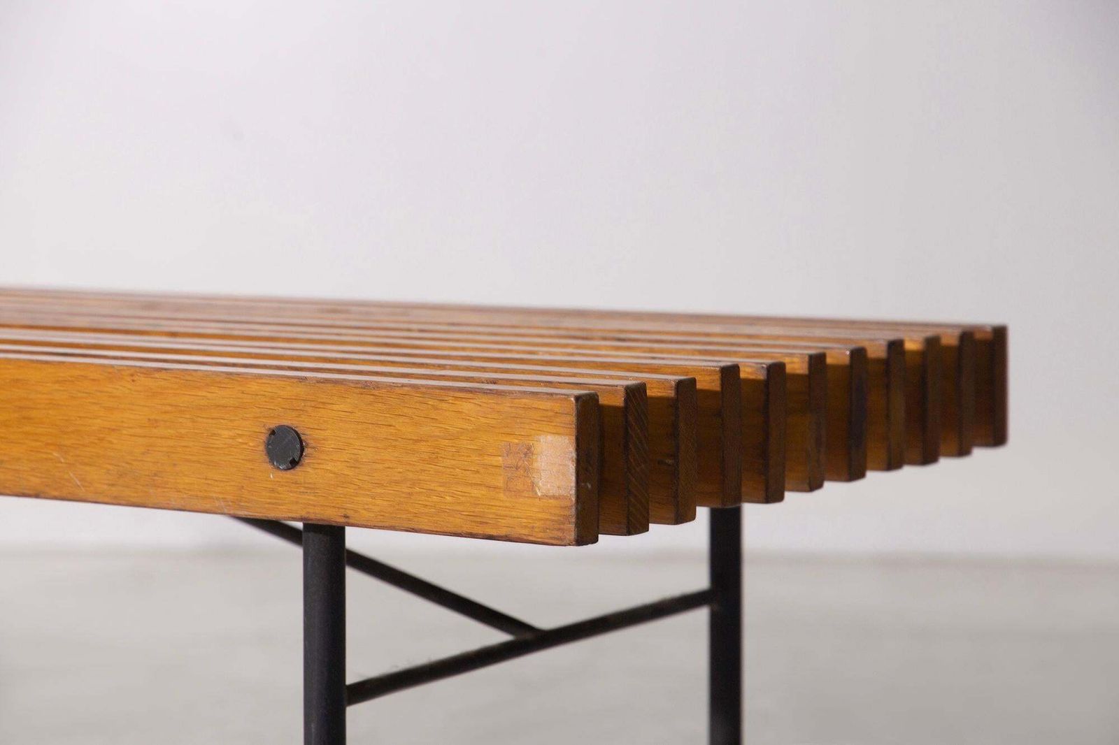 Modernist Italian Bench In Solid Wood And Metal With Brass Tips photo vintage