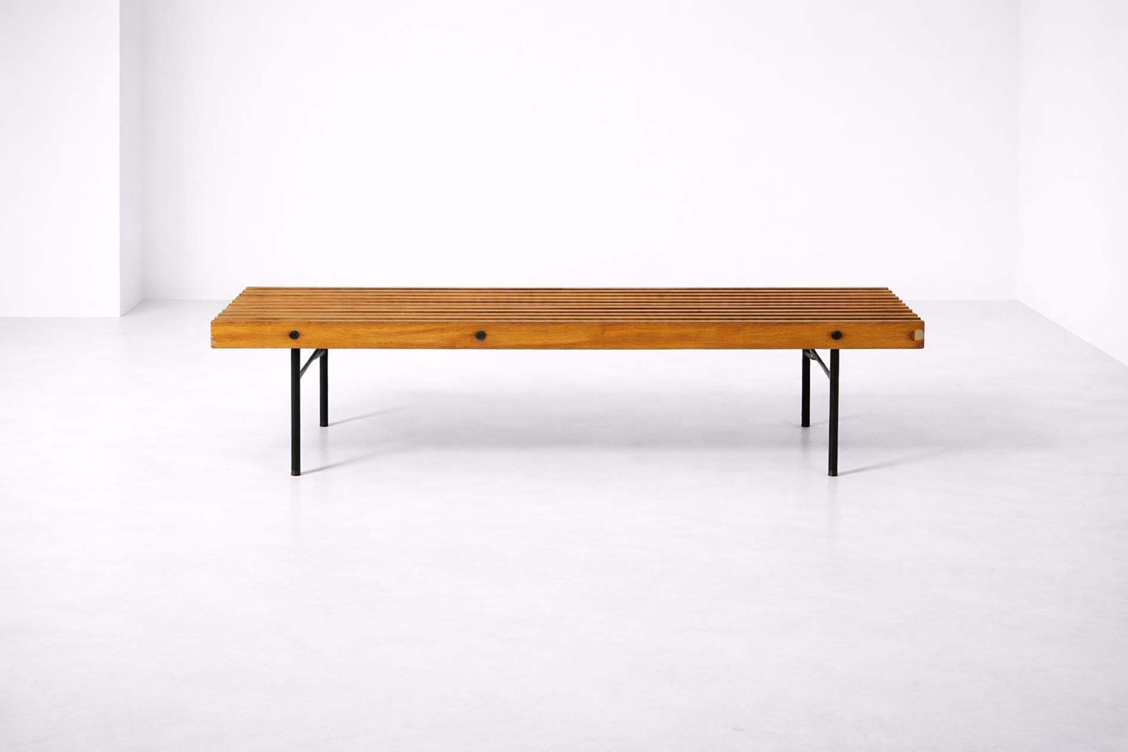 photo for sale Modernist Italian Bench In Solid Wood And Metal With Brass Tips