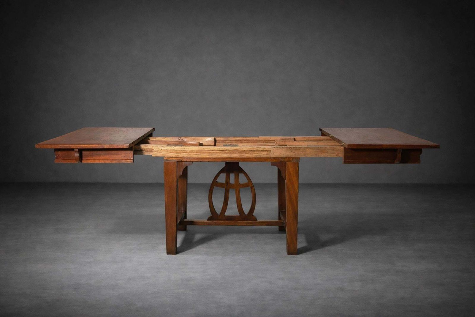 Italian Art Nouveau Walnut Extendable Dining Table With Lyre Motif Base, Liberty photo 8327.0