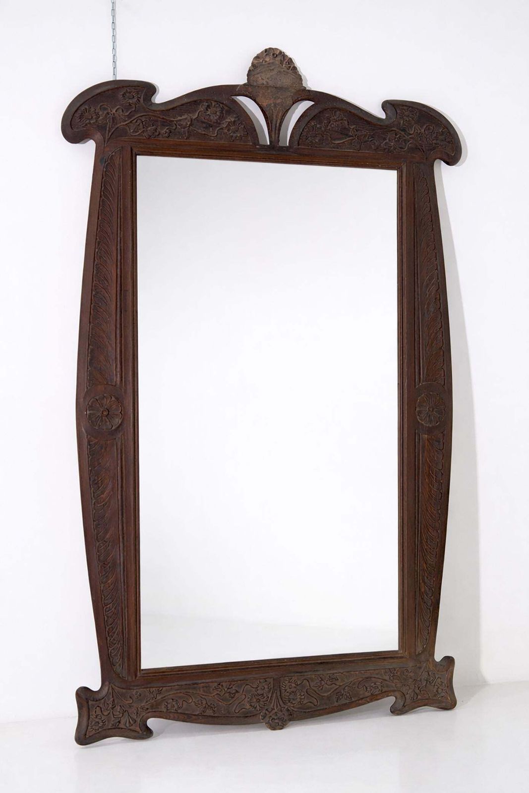Artlarge Italian Art Nouveau Mirror In Carved Walnut With Floral Motifs photo for sale