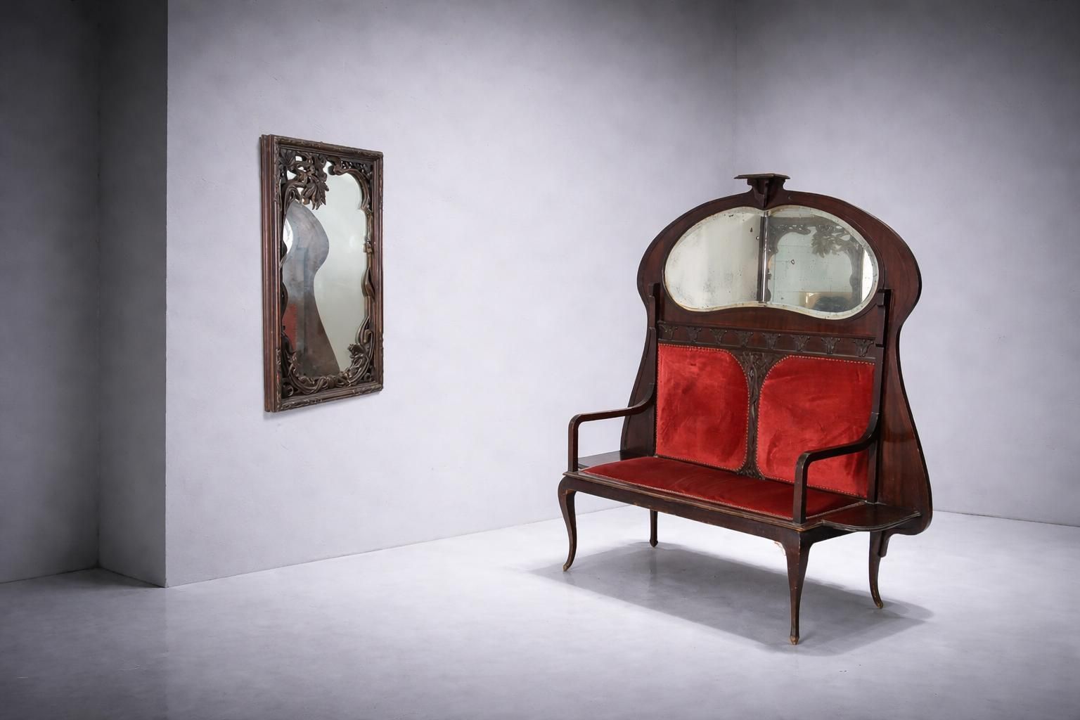 Italian Art Nouveau Wall Bench With Original Mirror, Liberty Bench photo furniture