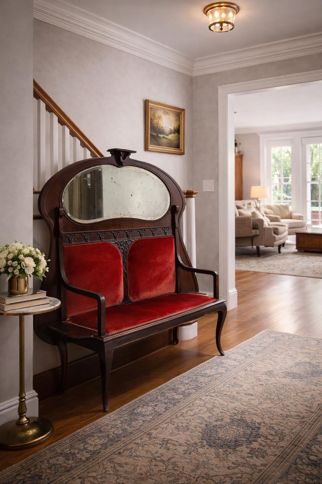 Italian Art Nouveau Wall Bench With Original Mirror, Liberty Bench photo Furniture