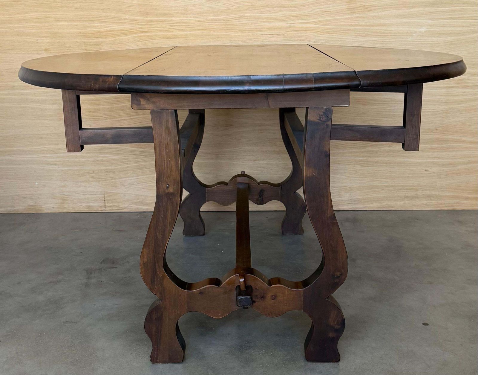 photo buy Spanish 20th Century Walnut Drop Leaf Table With Round Top And Lyre Legs