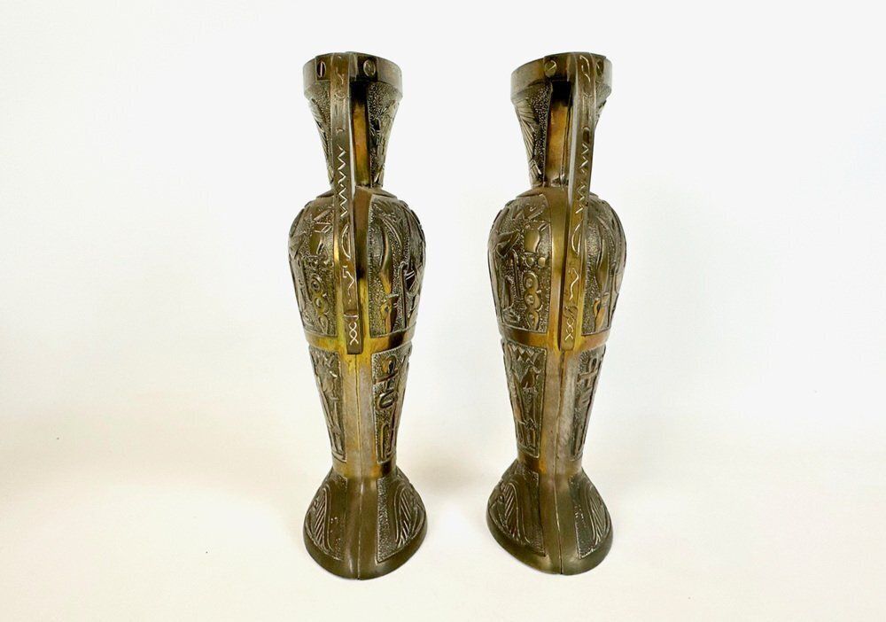Egiptian Scenes Galvanized Metal Vases, 1900s, Set Of 2 photo vintage