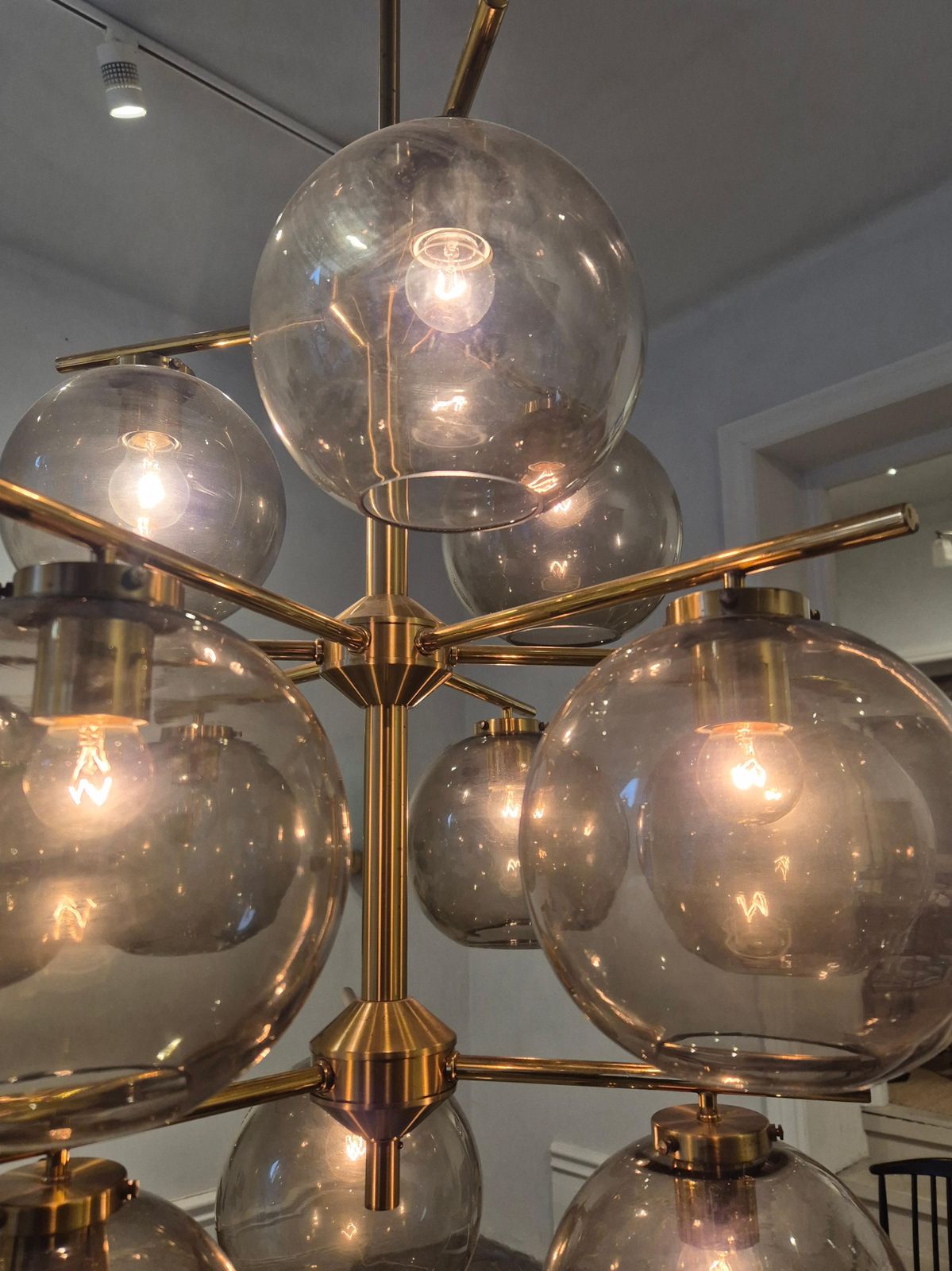 Holger Johansson, Chandelier In Brass And Grey Glass, Scandinavian Modern photo for sale