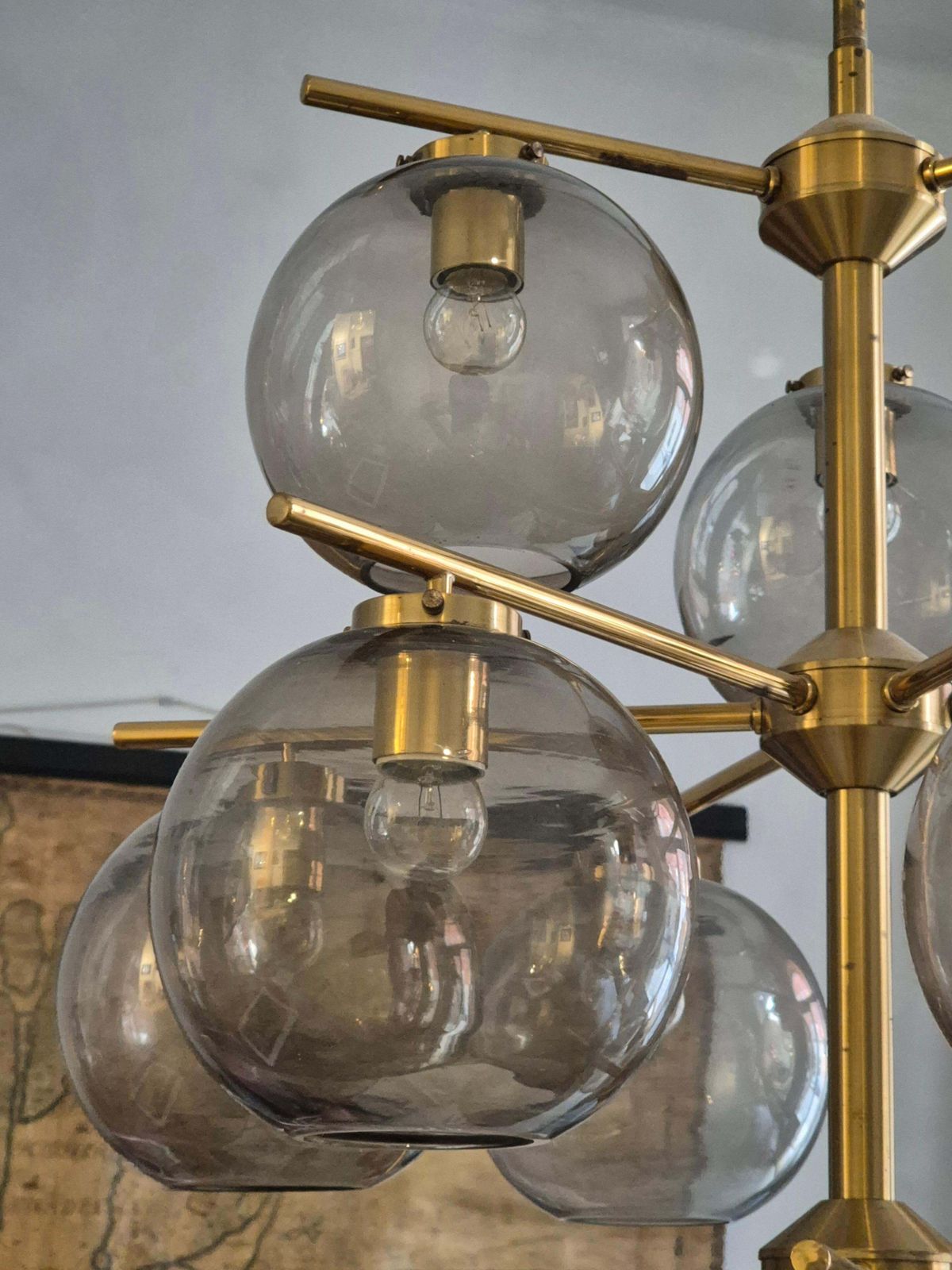 Lighting Holger Johansson, Chandelier In Brass And Grey Glass, Scandinavian Modern photo