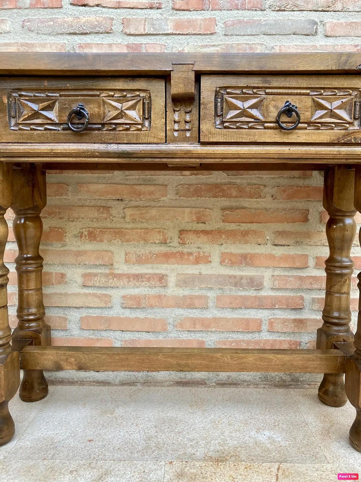 Console espagnole du début du XXe siècle, 2 tiroirs, pieds tournés photo buy