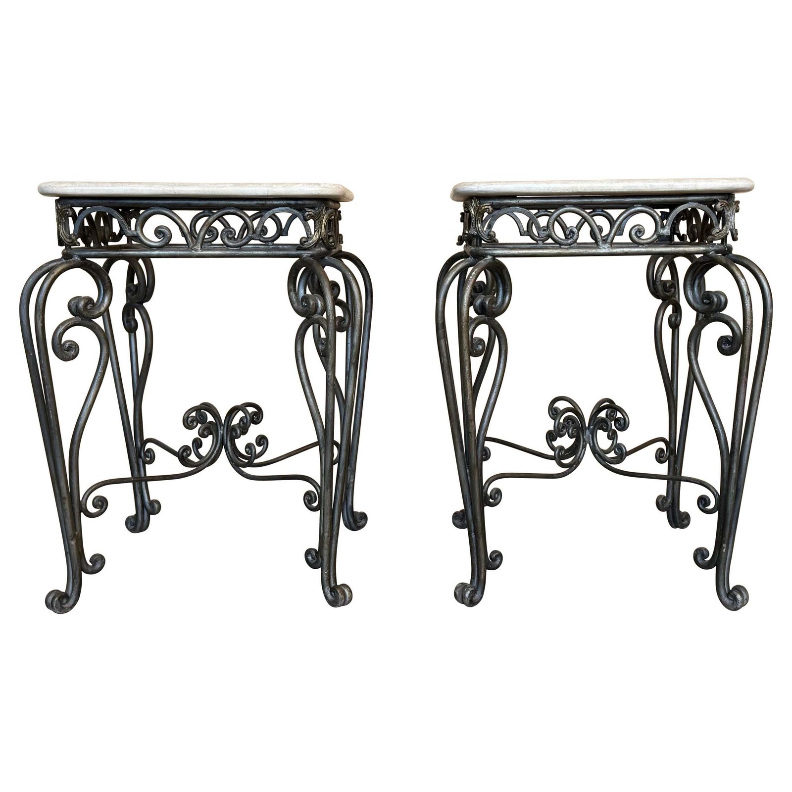 Pair Of Neoclassical Style Patinated Forged Iron Planter Stands With Marble Top