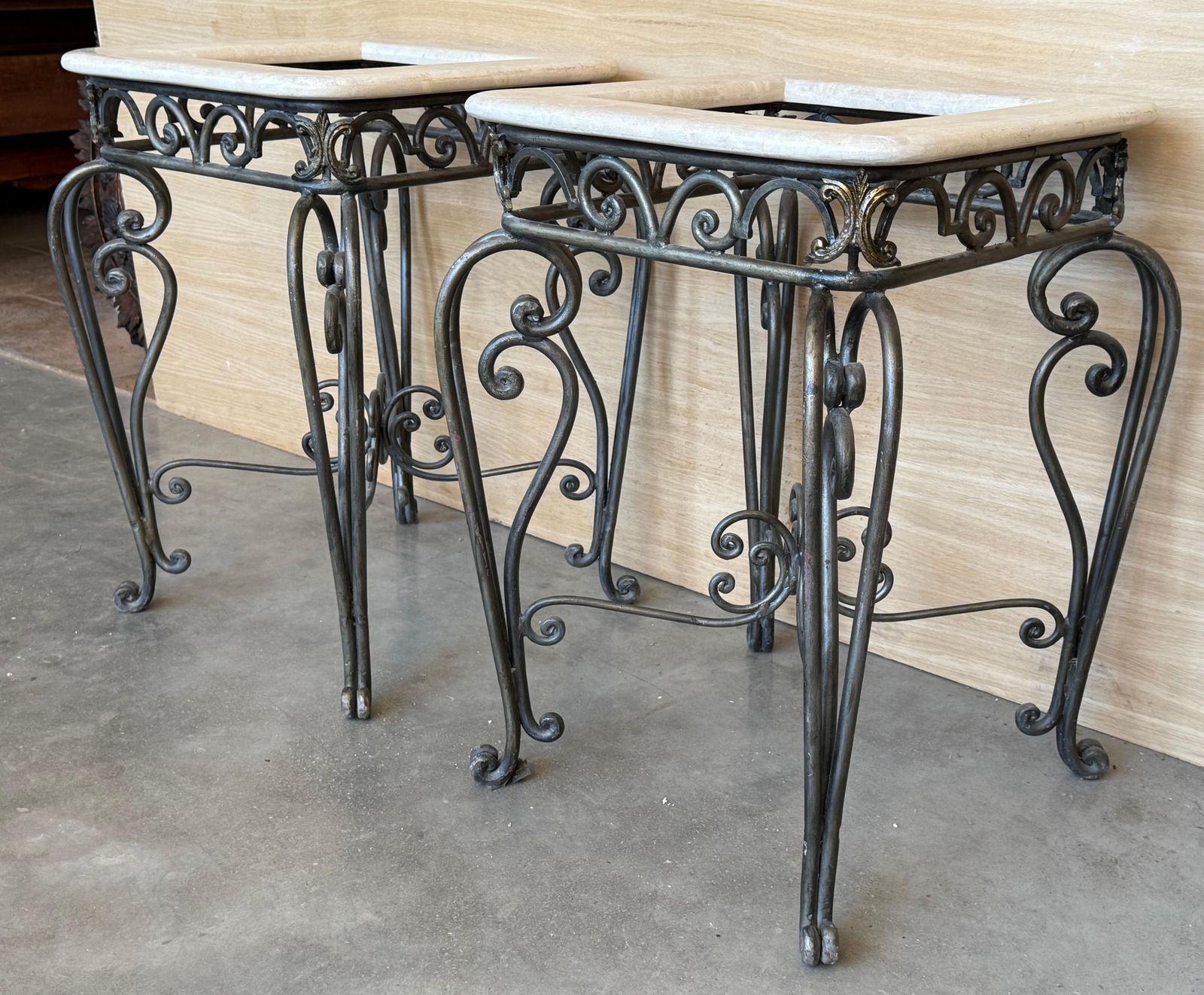 Pair Of Neoclassical Style Patinated Forged Iron Planter Stands With Marble Top photo buy