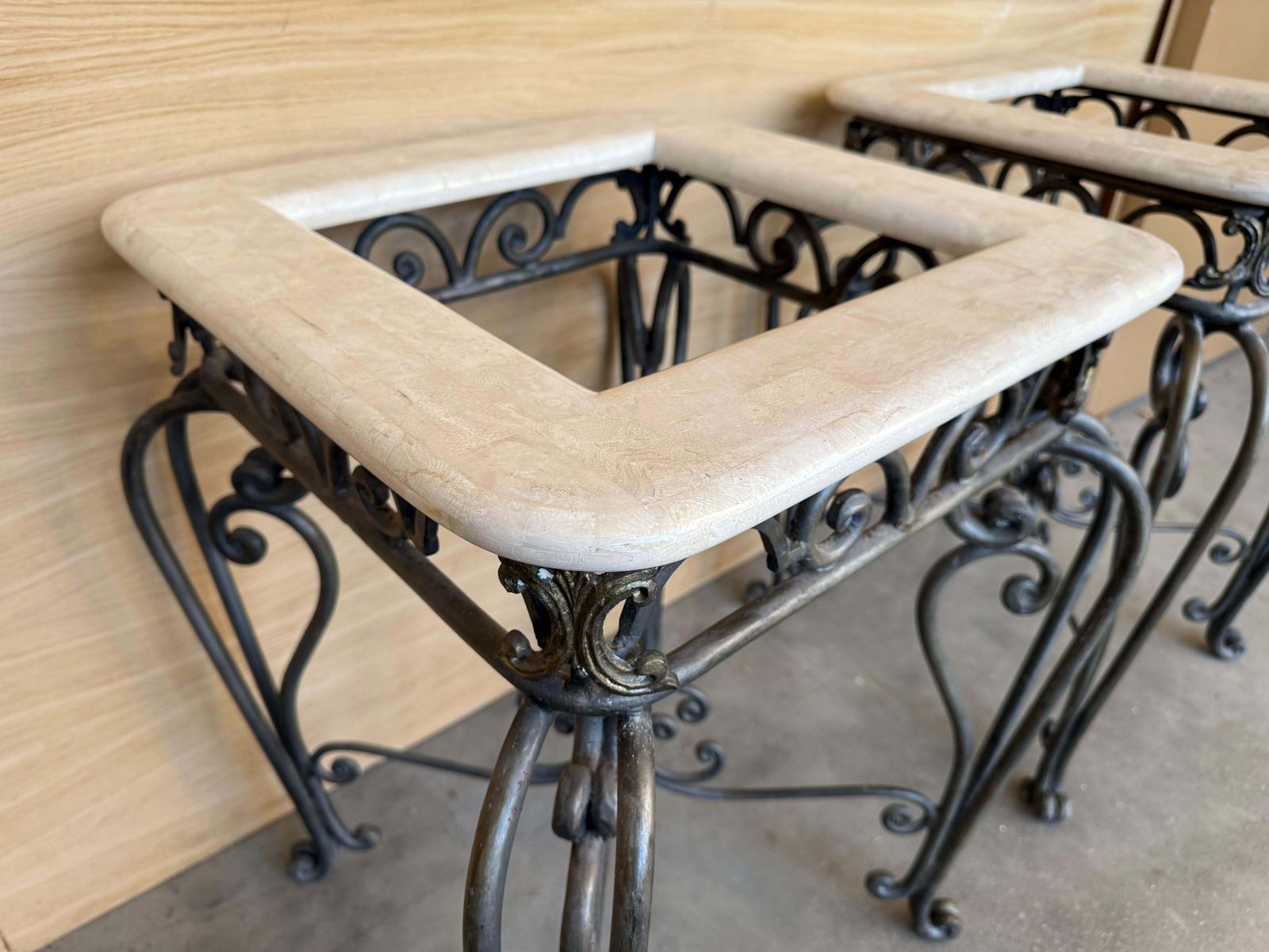 photo furniture Pair Of Neoclassical Style Patinated Forged Iron Planter Stands With Marble Top