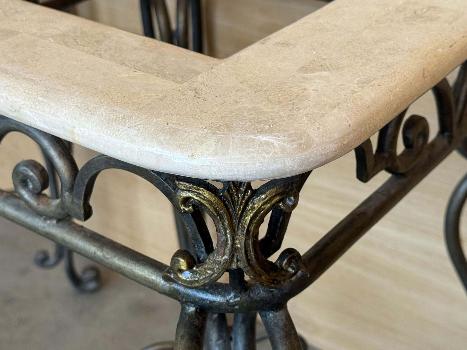 photo for sale Pair Of Neoclassical Style Patinated Forged Iron Planter Stands With Marble Top